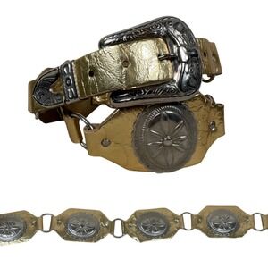 Vintage Gold Metallic Leather Concho Belt Western Buckle Women Boho Festival
